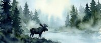 Majestic moose standing by misty forest lake in serene wilderness watercolor painting with evergreen trees and tranquil morning atmosphere for nature decor.