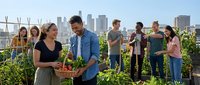 Young diverse group harvesting fresh vegetables in urban rooftop garden with city skyline, promoting sustainable farming, community gardening, and local food production for educational and lifestyle content.