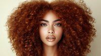 Young woman with voluminous curly red hair, full lips, and defined eyebrows against neutral beige background, showcasing natural beauty and confidence.