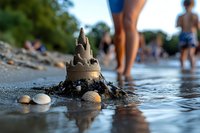 Detailed sandcastle on beach shore decorated with seashells as waves lap at its base, with beachgoers walking in soft focus background on summer day.