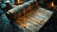 Ancient scroll manuscript with mystical glowing text on aged parchment paper, dramatic lighting and magical sparkles create mysterious atmosphere.