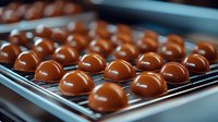 Rows of glossy chocolate bonbons on metal cooling rack, fresh from production. Artisanal confectionery manufacturing process shows uniform dome-shaped pralines.