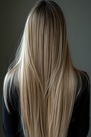 Back view of long straight blonde hair with highlights and balayage technique on dark background, showing smooth texture and professional coloring result.