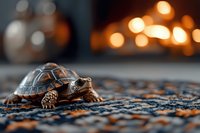 Small turtle on oriental carpet with warm bokeh lights in background creating cozy atmosphere. Close up macro photography with shallow depth of field.