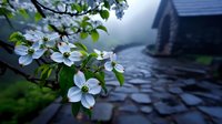 White dogwood blossoms against blurred rustic cabin background in spring, with delicate petals and green leaves creating atmospheric moody composition.