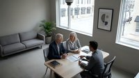Young professional woman with dark hair and medium skin tone conducting job interview with two candidates in modern office space with gray sofa, potted plant, and city views through windows.