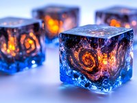 Glowing galaxy pattern trapped inside blue crystal cubes, cosmic spiral nebula frozen in transparent ice blocks with warm orange light illuminating from within.