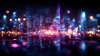 Blurred city skyline at night with colorful bokeh lights reflecting on water surface, creating dreamy urban landscape with glowing buildings and neon illumination.