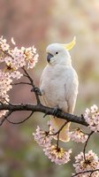 White sulphur-crested cockatoo perched on blooming cherry blossom branch with pink flowers against soft blurred background for nature and wildlife themes.