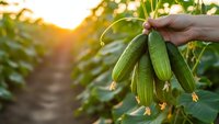 Fresh cucumber harvest in hand at organic farm during golden hour sunset with green vegetable garden rows in soft focus background for healthy eating.