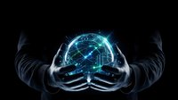 Business professional holding glowing digital globe with network connections and data visualization in cupped hands against dark background.
