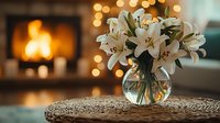 White lilies in round glass vase on woven placemat, cozy fireplace and warm bokeh lights create romantic atmosphere for home interior decor.