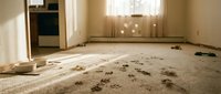 Vacant residential room with worn carpet showing dirt stains and debris scattered across floor, featuring bare walls and natural light from windows, suitable for renovation and real estate content.