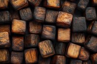 Charred wooden cubes background with rich brown and orange tones creating abstract geometric pattern. Natural wood texture shows burning marks and rough surface.