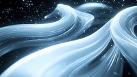 Glowing ethereal waves of light flow through starry dark space creating mystical abstract curves and streams in luminous blue and white tones.