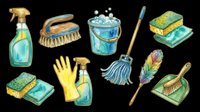 Cleaning supplies set with spray bottle, brushes, bucket, gloves, mop, and dustpan isolated on transparent background. Ready for t-shirt designs, clipart, stickers, print-on-demand products, and sublimation projects.