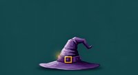Witch hat in purple with gold buckle on teal background, isolated for Halloween designs, costumes, and seasonal marketing materials.