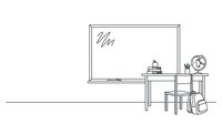 Modern classroom interior with whiteboard, teacher desk, chair and school supplies in minimalist line art style for educational materials and learning concepts.
