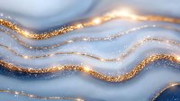 Luxurious abstract waves with golden glitter lines on blue background, flowing curves with sparkle effect create elegant marble-like pattern for luxury design.