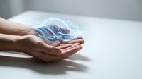 Hands holding glowing digital hologram sphere with flowing data streams and light effects for technology and innovation concepts.