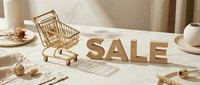 Wooden SALE letters and golden shopping cart on marble table with dried flowers, minimal aesthetic for retail promotion and discount concept.