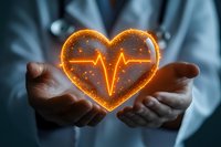 Glowing orange heart with pulse line floating between doctor's hands against medical background, representing healthcare and cardiology concept.