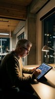 Mature man with gray hair and glasses wearing mustard-colored sweater working on tablet with financial charts at desk in modern loft office at night, urban cityscape visible through windows.