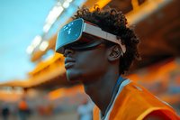 Young African American man wearing virtual reality headset against orange and blue background, expressing wonder and immersion in digital experience.