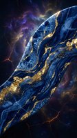 Cosmic planet with blue marble surface and golden veins floating in colorful nebula space with stars and cosmic dust clouds for sci-fi fantasy designs.