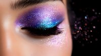 Vibrant galaxy-inspired eye makeup with shimmering purple, blue and turquoise eyeshadow, long black lashes and glitter details on dark background for beauty and cosmetics.