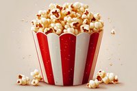 Fresh popcorn overflowing from classic red and white striped container with scattered kernels, warm lighting and subtle sparkles on beige background.