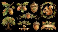 Autumn acorn and oak leaf design elements isolated on transparent background. Ready for t-shirt designs, clipart, stickers, sublimation, print-on-demand products and digital crafts.