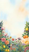 Watercolor floral border frame with roses, lemons, oranges, berries, and a bird, soft pastel sky background with copy space for text.