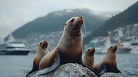 Sea lions resting on coastal rocks with boats and mountains in background, group of marine mammals basking in natural harbor setting during overcast day.