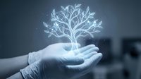 Gloved hand holding glowing digital tree with branching leaves, representing growth, innovation, and sustainable technology in modern business environment.