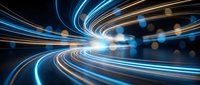 Dynamic light trails creating swirling motion patterns with blue and orange glowing streaks on dark background for technology and speed concepts.