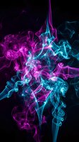 Glowing neon smoke swirls in vibrant pink and cyan on a dark background, creating a dynamic abstract art effect for wallpapers and posters.
