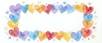 Watercolor hearts frame border in rainbow colors on white background, isolated design element for romantic greeting cards and wedding invitations.