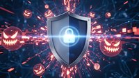 Cybersecurity shield protecting against Halloween cyber threats with glowing pumpkin malware attacks in dark digital environment for security campaigns.