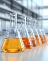 Laboratory glassware with orange liquid in conical flasks arranged in row showing gradient color change from light to dark, on white surface in scientific lab setting.