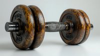 Old rusty metal dumbbell with textured grip handle and weight plates showing signs of wear and corrosion against neutral background. Vintage fitness equipment.