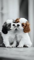 Two adorable Cavalier King Charles Spaniel puppies touching noses in tender moment, selective color highlighting brown and black markings against white fur.
