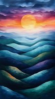 Vibrant sunset over rolling mountain landscape in rich blues and teals, with orange sun and purple-pink clouds creating dramatic atmospheric scenery.