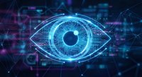 Digital eye with glowing blue iris surrounded by futuristic HUD interface elements and data visualization graphics for cybersecurity technology concepts.