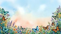 Watercolor garden border with colorful butterflies and wildflowers on soft pastel sky background for spring and summer nature designs.