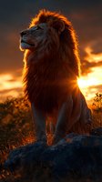 Majestic male lion silhouetted against dramatic sunset sky, standing proudly on rocky outcrop with glowing mane backlit by golden evening light and fiery clouds.
