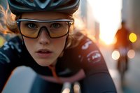 Female cyclist wearing helmet and sunglasses riding at sunset with urban bokeh background, sports and outdoor activity concept for fitness and cycling lifestyle.