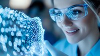 Young female scientist in protective eyewear examining glowing blue molecular structure model in modern laboratory setting, demonstrating advanced research technology.