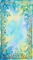 Watercolor gradient background with turquoise, blue, and yellow tones, ornate gold botanical border frame with leaves and decorative elements, isolated on white for design projects.