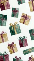 Watercolor Christmas gift boxes with ribbons and bows in festive colors scattered on white background. Holiday presents pattern for wrapping paper and seasonal designs.
